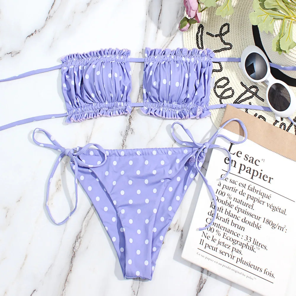 Pleated Bandeau Thong Bikini