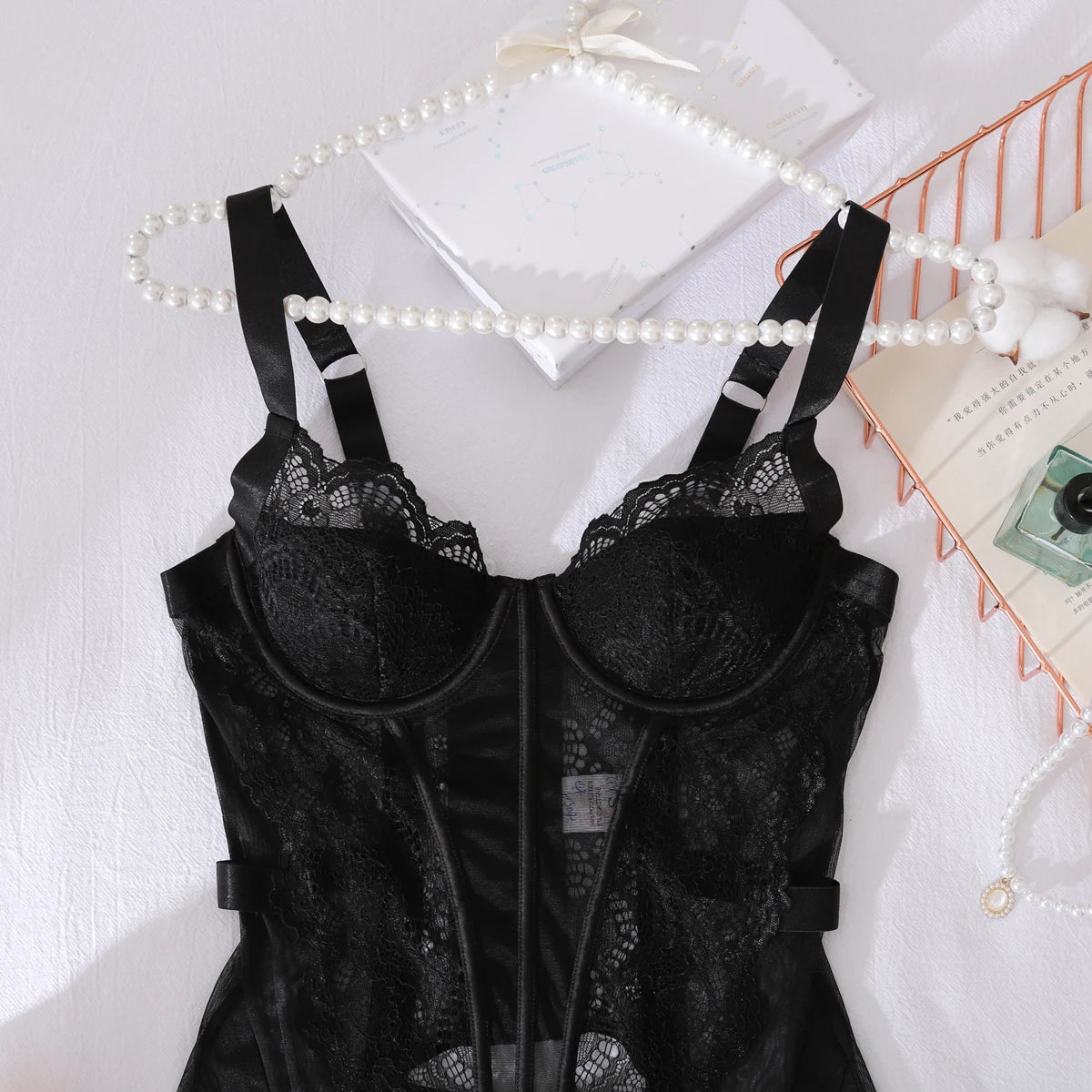 Women's Lingerie Sets Tempted Corset Dress Thong 2PC Stiff See Through Lace Body Women's Underwear Strappy Hot Lingerie Sets