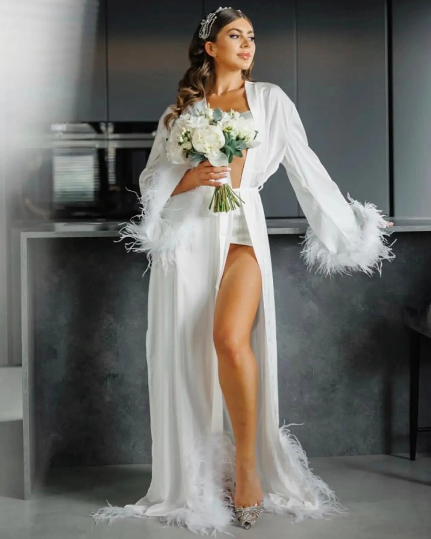 Feather Sleeve Bridal Robe