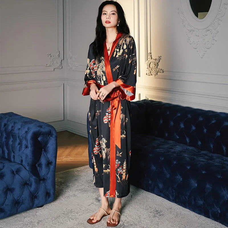 Printed Half-Sleeve Satin Robe