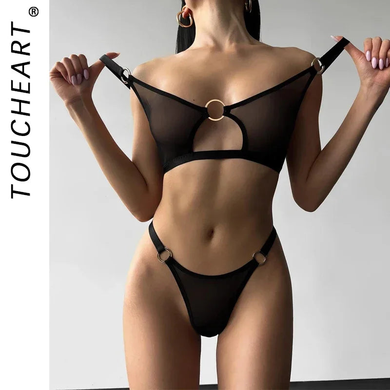 Toucheart 2 Piece Set Sexy Hot Lingerie Outfit Mesh See-Through Intimate Sheer Lace Costume Fantasy Tulle Comfortable Underwear
